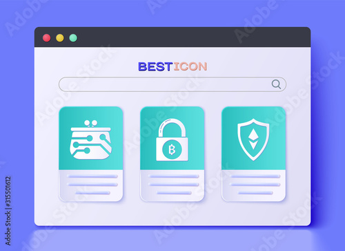 Set Lock with bitcoin, Cryptocurrency wallet and Shield Ethereum ETH icon. Vector