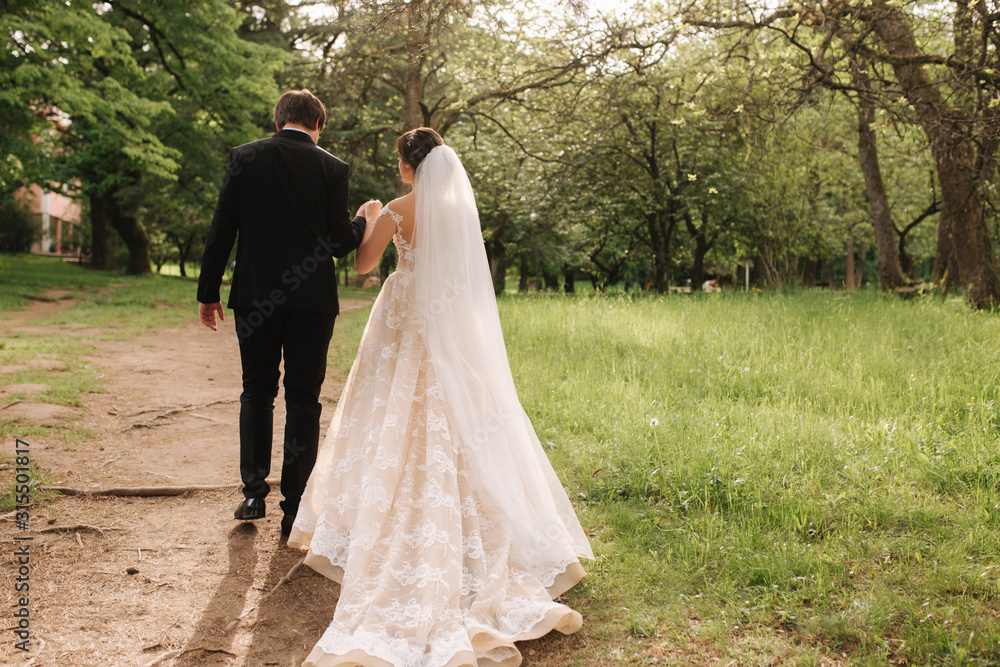 Back view of groom and bride walking in the forest