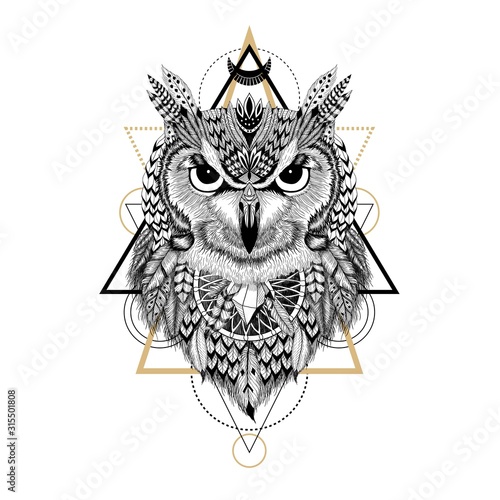 Hand drawn detailed Owl in aztec (ethnic) style
