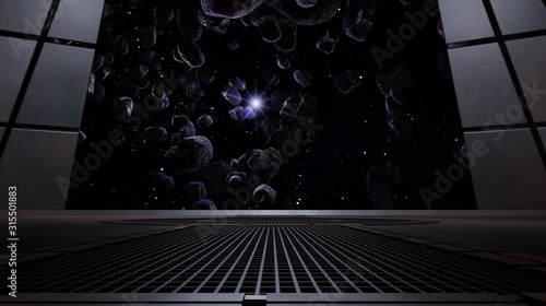 sci fi  corridor with view of space galaxy 3d rendering