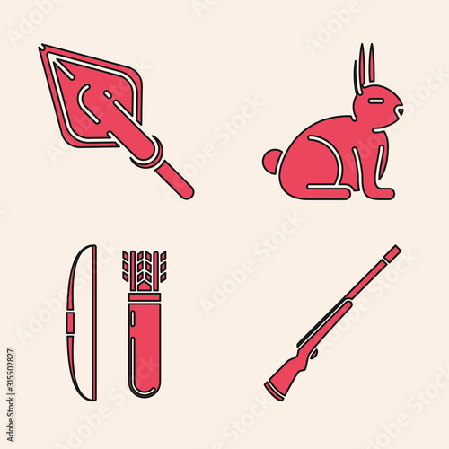 Set Hunting gun, Hipster arrow tip, Rabbit and Bow and arrow in quiver icon. Vector