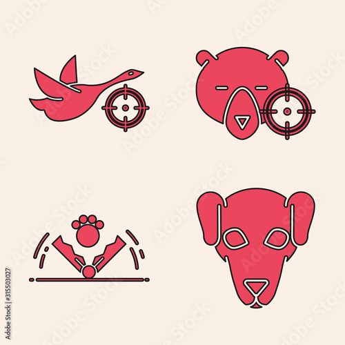 Set Hunting dog, Hunt on duck with crosshairs, Hunt on bear with crosshairs and Trap hunting icon. Vector