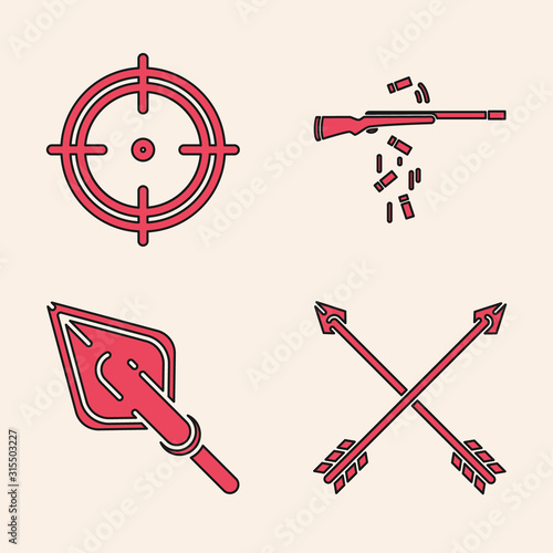 Set Crossed arrows, Target sport for shooting competition, Gun shooting and Hipster arrow tip icon. Vector