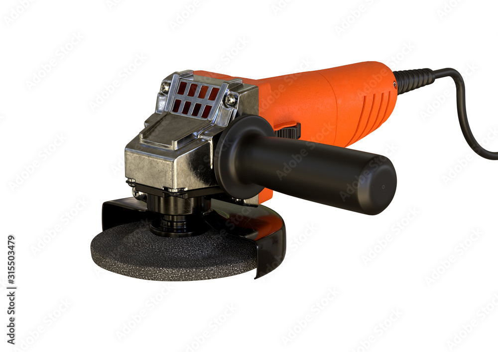 Compact angle grinder isolated over white background. Equipment used by woodworkers and locksmiths Compact angle grinder isolated over white background. Equipment used by woodworkers and locksmiths