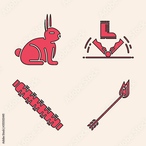 Set Flame arrow, Rabbit, Trap hunting and Hunting cartridge belt with cartridges icon. Vector