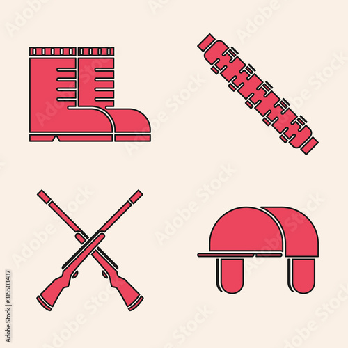 Set Hunter hat, Hunter boots, Hunting cartridge belt with cartridges and Two crossed shotguns icon. Vector