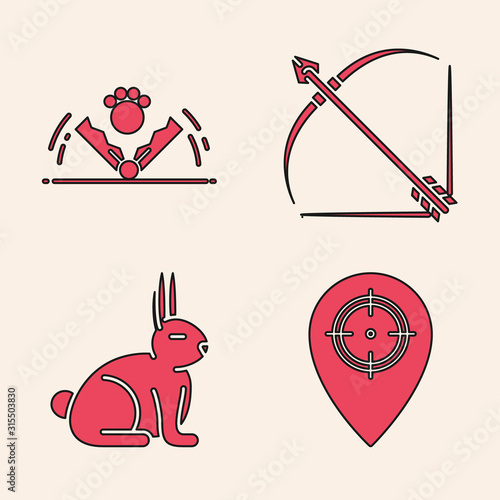 Set Hunt place, Trap hunting, Bow and arrow in quiver and Rabbit icon. Vector