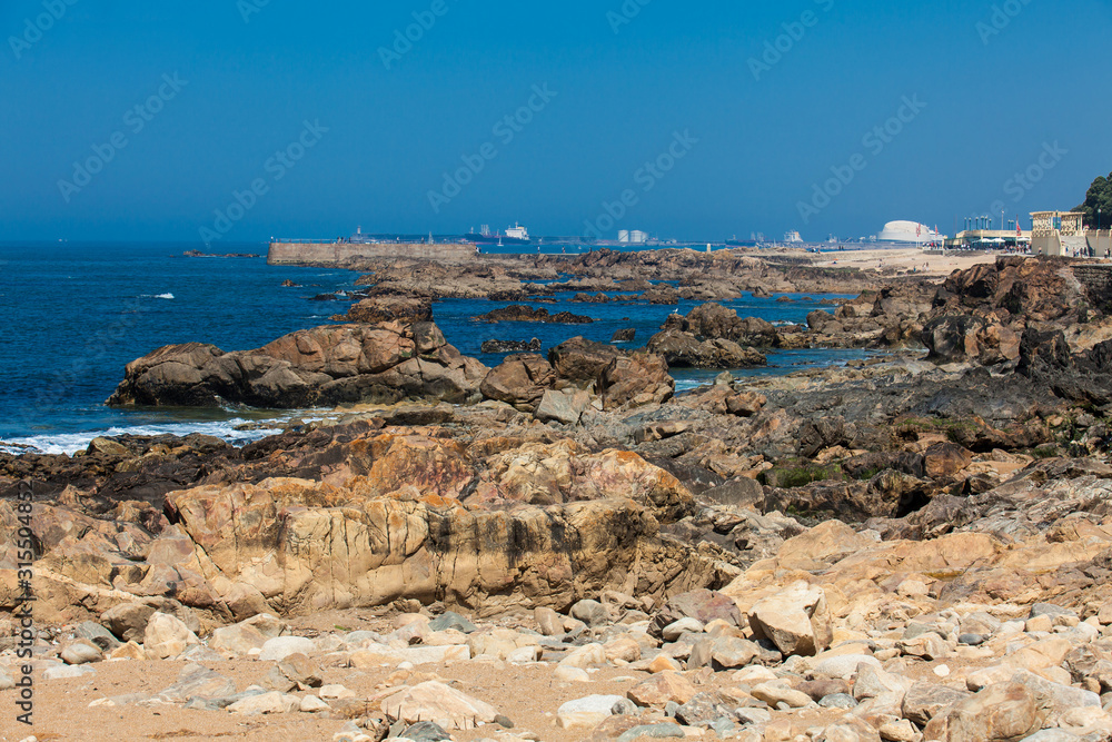 Sunny day at the beautiful coastline and beaches at Porto city in Portugal