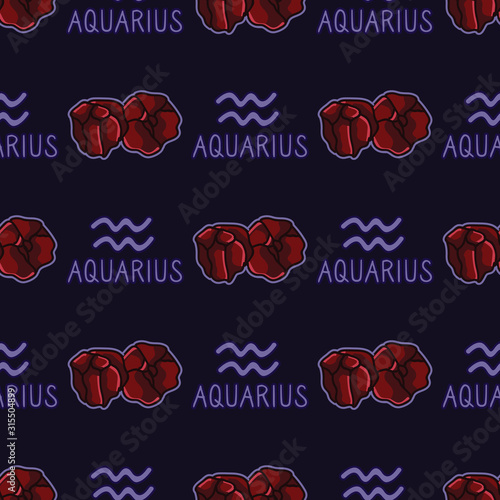 Mystical Aquarius star sign with garnet birth stone crystal seamless vector pattern. Hand drawn geology background. Trendy magical order, zodiac home decor. Esoteric typography all over print. 