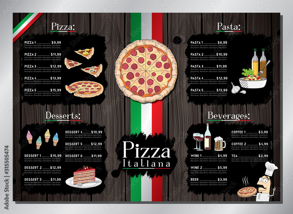 Pizza restaurant card template table menu (pizza, pasta, desserts