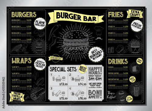 Burger bar card template - table menu (burgers, wraps, french fries, drinks, sets) - A3 size (420x297 mm)