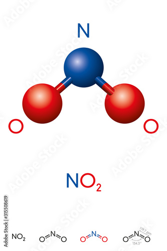 Nitrogen dioxide, NO2, molecule model and chemical formula. Nitrogen(IV) oxide or  Deutoxide of nitrogen. Ball-and-stick model, geometric structure and structural formula. Illustration. Vector.