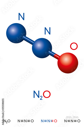 Nitrous oxide, N2O, laughing gas, molecule model and chemical formula. Dinitrogen monoxide is a colorless gas. Ball-and-stick model, geometric structure and structural formula. Illustration. Vector.