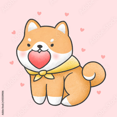 Cute shiba inu dog holding heart cartoon hand drawn style