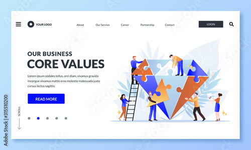 Business core value concept. Vector flat cartoon illustration. People team assemble diamond shape puzzle