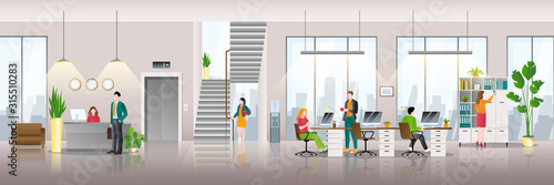 Modern business center interior background. People at work in office. Vector flat illustration of creative workspace