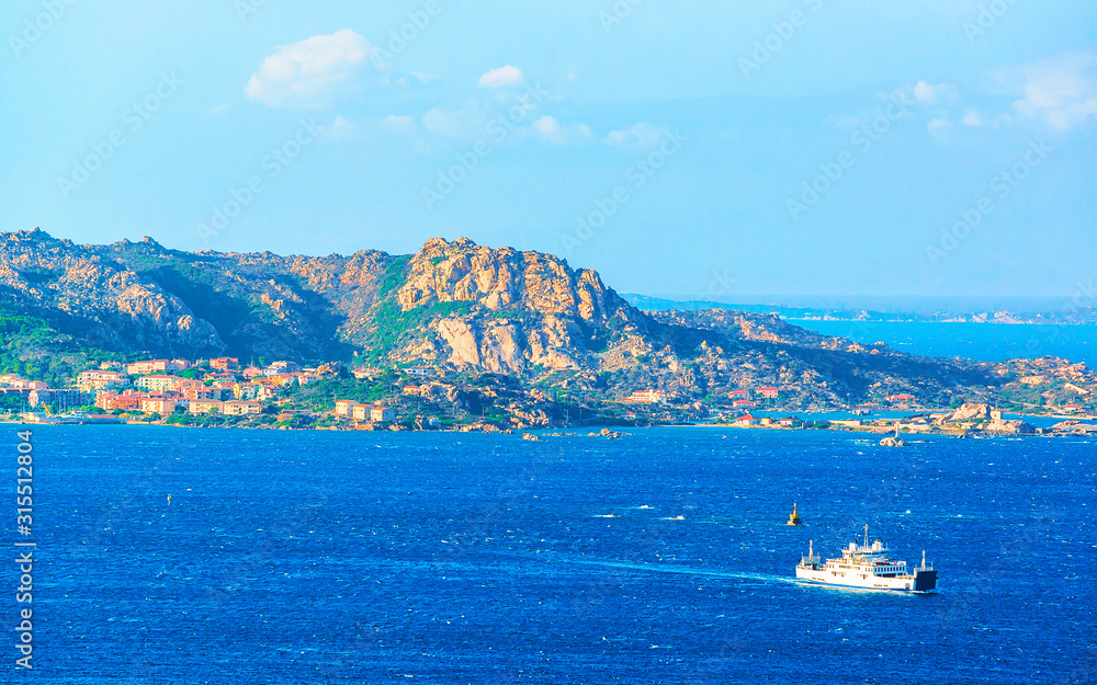 Panorama and landscape at La Maddalena of Costa Smeralda at Mediterranean sea in Sardinia island of Italy. Boats at Sardegna in summer. Olbia province. Mixed media.