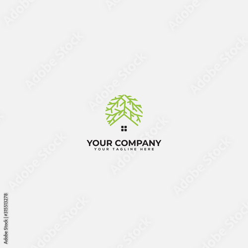 root and home logo, green house and root logo design
