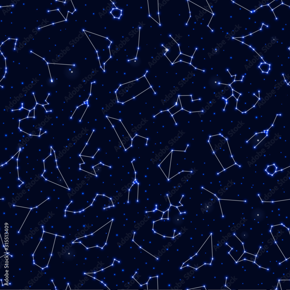 Astrology seamless pattern with luminous zodiac signs on deep blue background. Mystical background for astrology horoscope predictions. Abstract design of horoscope constellation vector illustration. Astrology seamless pattern with luminous zodiac signs on deep blue background. Mystical background for astrology horoscope predictions. Abstract design of horoscope constellation vector illustration.