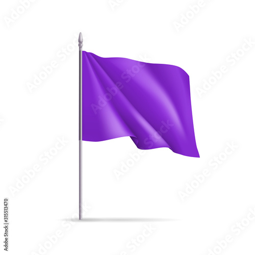 Purple rectangular flag on flagpole isolated on white background. Realistic expo banner for outdoor presentation, exhibition or sport competition. Product advertising and promotion vector illustration