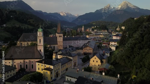 Aerial Drone Shot of Berchtesgaden Village City in Bavaria Germany During Sunset, Beautiful German Village in the Alps