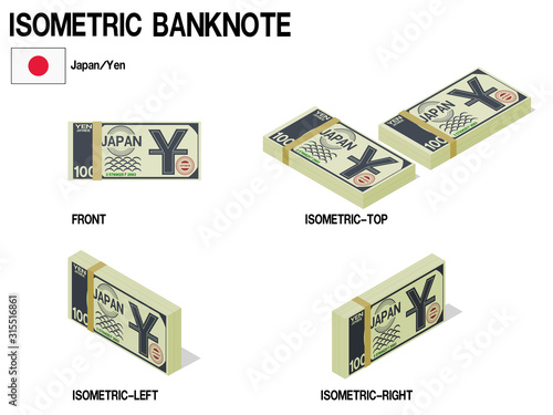 Set of Isometric Yen banknote on white background