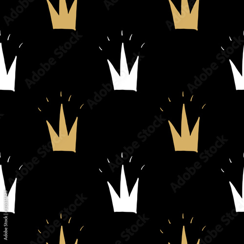 Crown Seamless Pattern, hand drawn royal doodles background, Vector Illustration