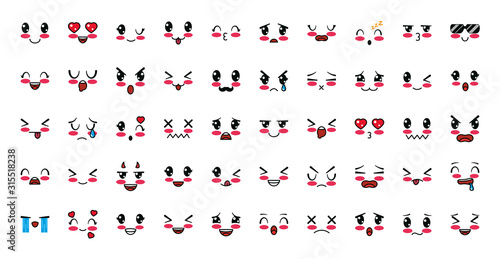 Isolated kawaii cartoon face icon set vector design