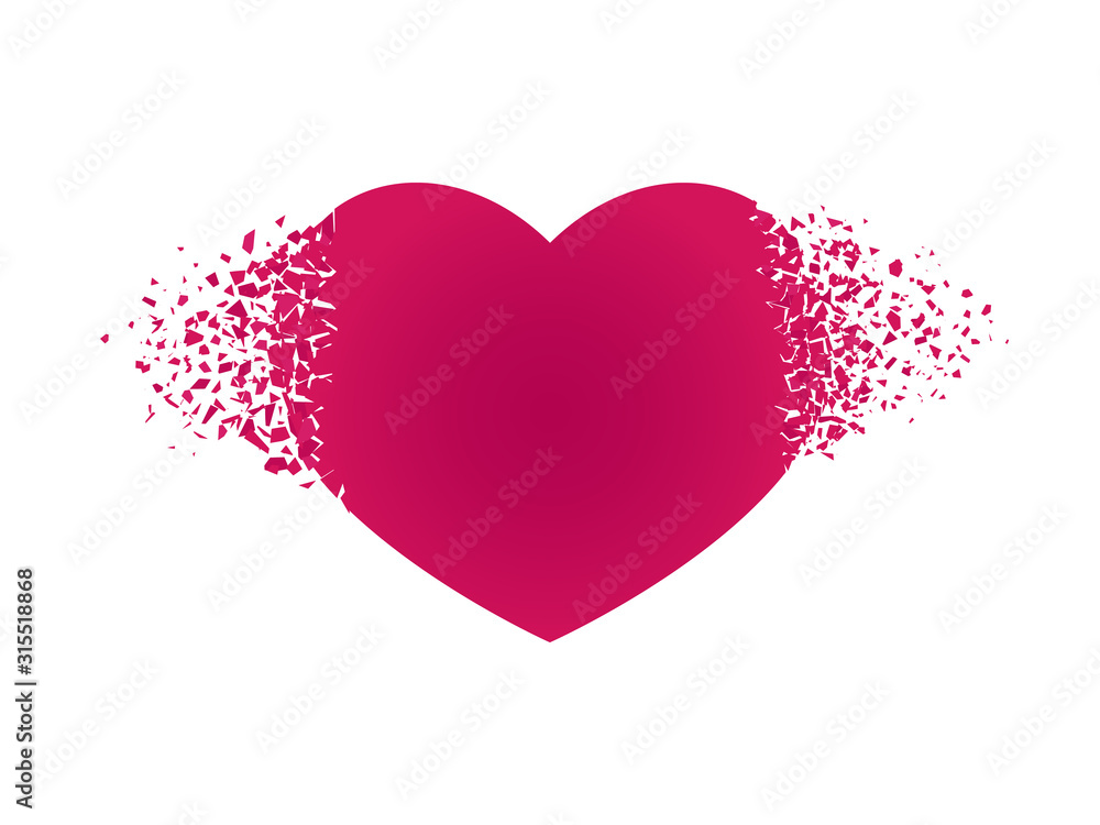 exploding heart with debris. Isolated red rectangle on white background. Concept, template for Valentines day, sale. 3d effect of particles. Vector illustration EPS 10