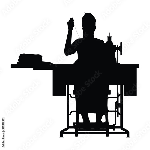 Female dressmaker with sewing machine silhouette vector