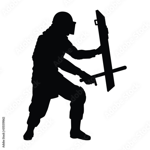 Riot policeman in protest situation silhouette vector