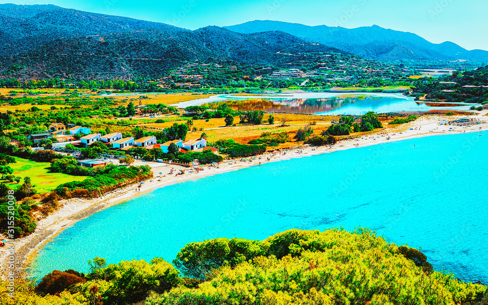 Landscape of Chia Beach and Blue Waters of the Mediterranean Sea in Province of Cagliari in South Sardinia in Italy. Scenery and nature. Mixed media.