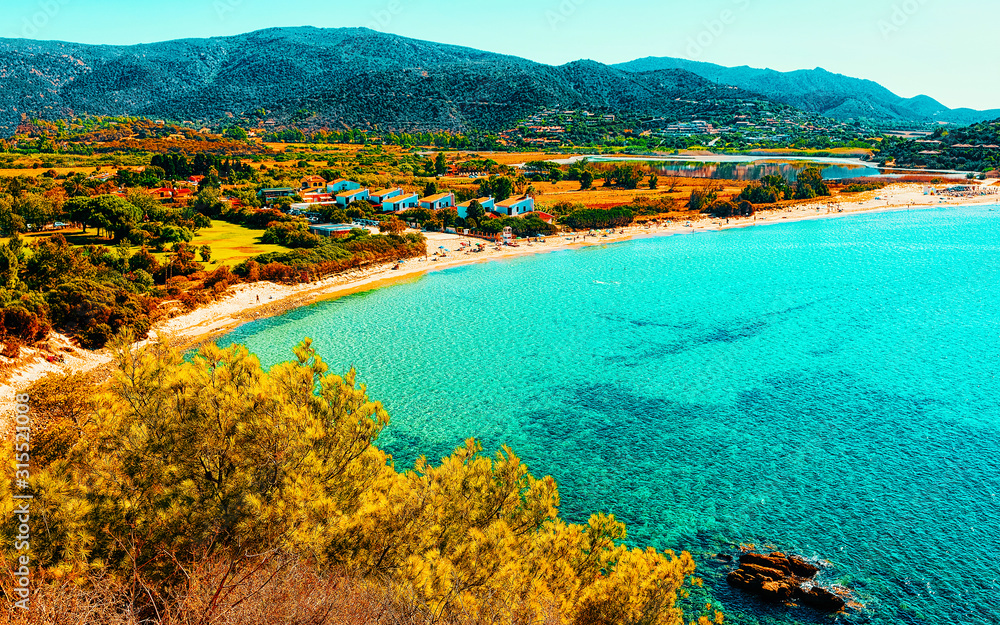 Landscape of Chia Beach and Blue Waters of the Mediterranean Sea in Province of Cagliari in South Sardinia in Italy. Scenery and nature. Mixed media.