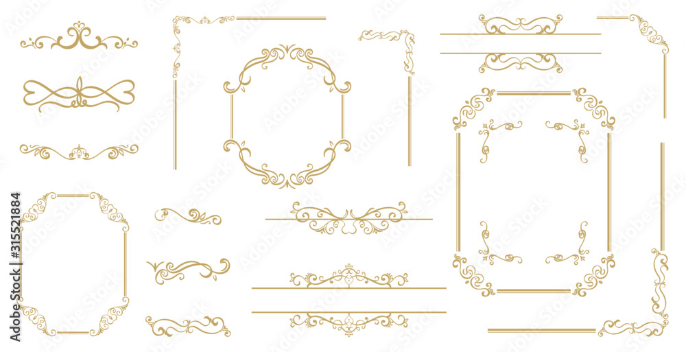 Luxury Gold vintage invitation vector set. Ornamental curls, dividers, Border design  and golden components design  for wedding invite, menus, certificates, boutiques, spa and logo design. - obrazy, fototapety, plakaty 