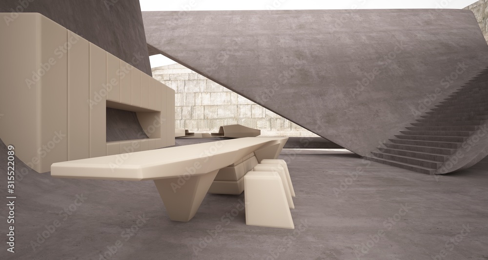 Abstract architectural concrete smooth interior of a minimalist house with swimming pool. 3D illustration and rendering.