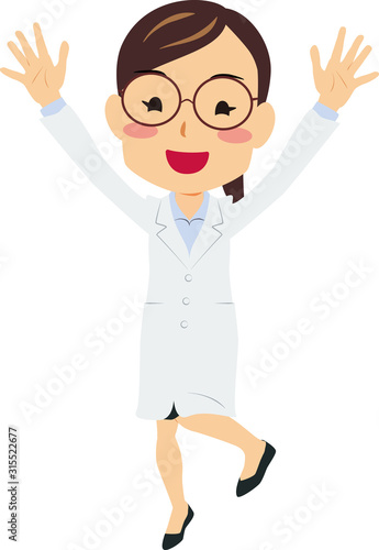 白衣 めがね 女性 バンザイ