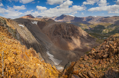 Mountain landscape. Canyon and colored rocks. Mountain pass, trekking.