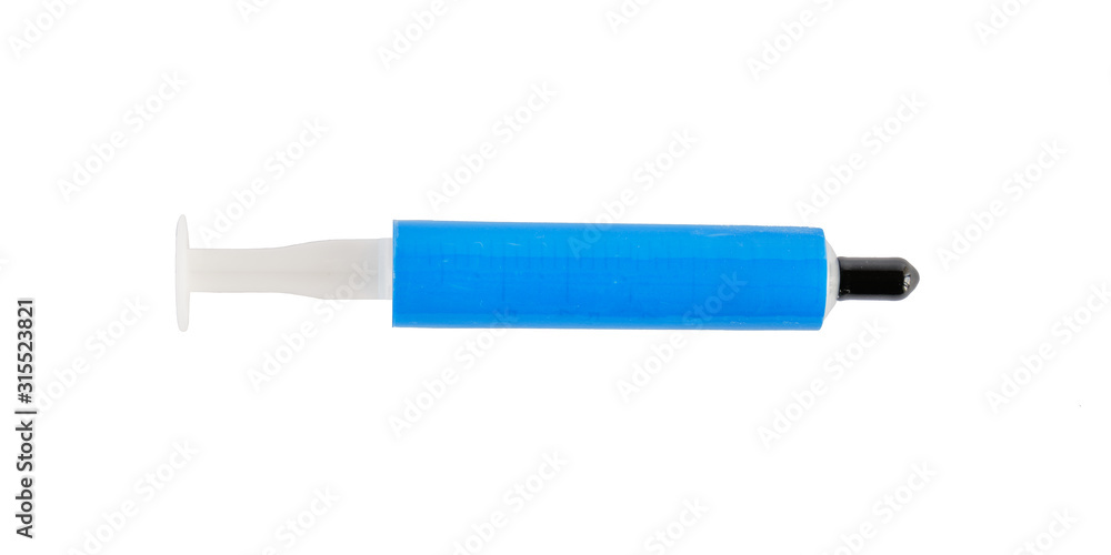 Generic tube of thermal paste used for heat dissipation between computer CPU (processor)/GPU and cooler, isolated on white background.