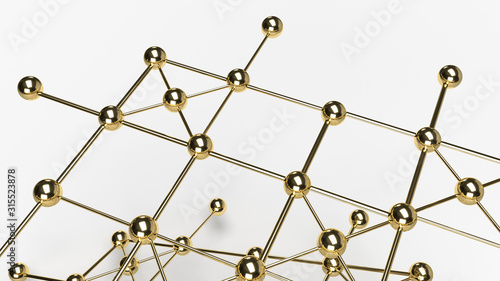 The Abstract design connection design gold sphere network structure 3d rendering..