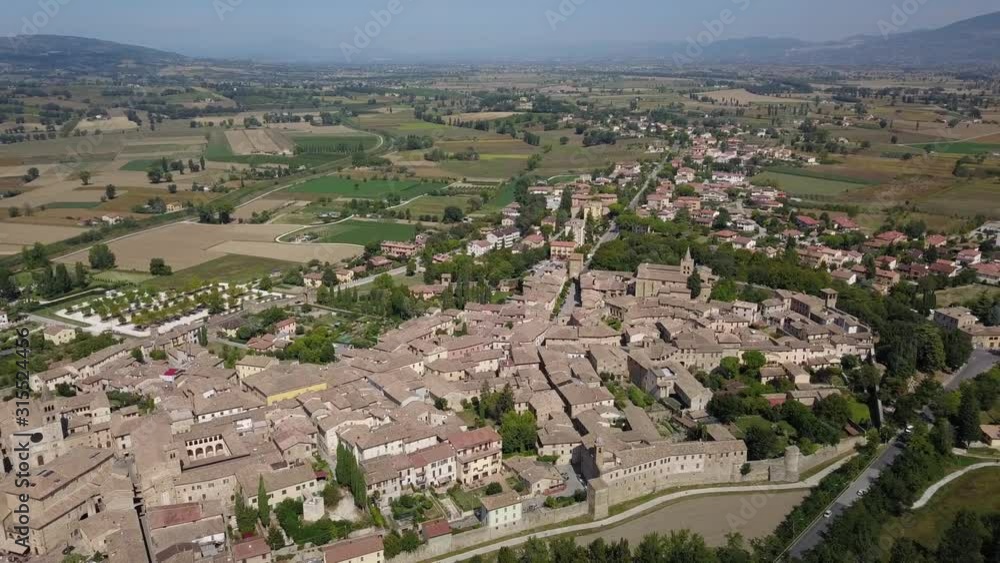 Aerial Drone Shot of Bevagna Medieval Village in Umbria Italy, Italian Village During Summer Aerial Drone Shot of Bevagna Medieval Village in Umbria Italy, Italian Village During Summer