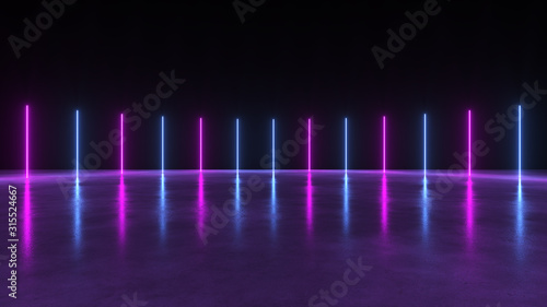 The interior space of neon lights in 3D rendering