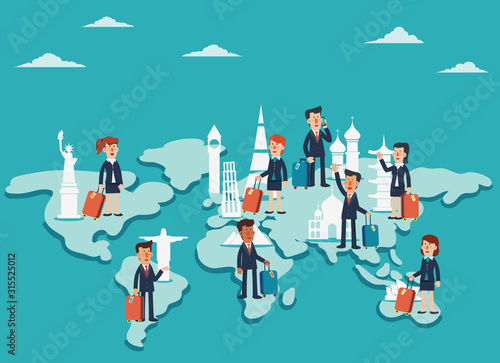 Business people with suitcase on world map. Business travel vector concept