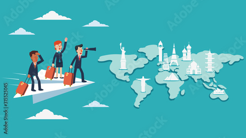 Businessman and business woman with suitcase on paper plane. Business travel concept