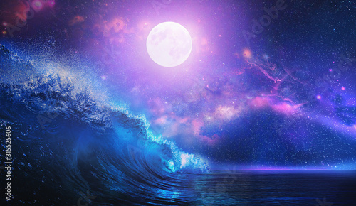 Fototapeta Naklejka Na Ścianę i Meble -  Beautiful night ocean scenery with surfing wave and full moon on tropical background