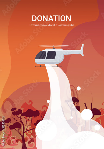 helicopter extinguishes dangerous wildfire in australia fighting bushfire dry woods burning trees firefighting natural disaster donation concept intense orange flames vertical vector illustration