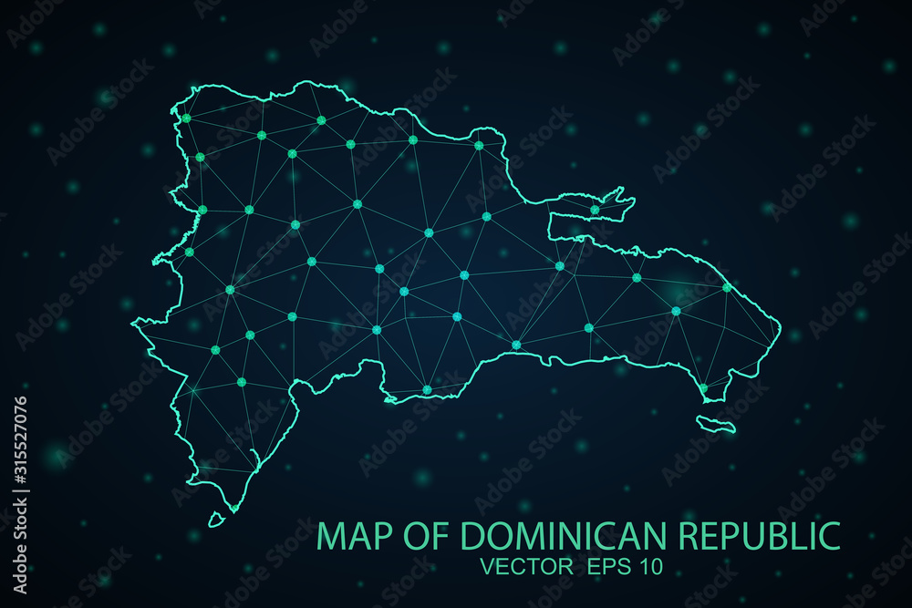 Communications map of dominican. Abstract mash line and point scales on dark background with Map of dominican Republic. Wire frame 3D mesh polygonal network line, design sphere, dot and structure.