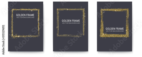 Set of posters with abstract frame in grange style. Brush stroke the perimeter of the frame with golden dust and different pattern. Vector illustration, eps10.