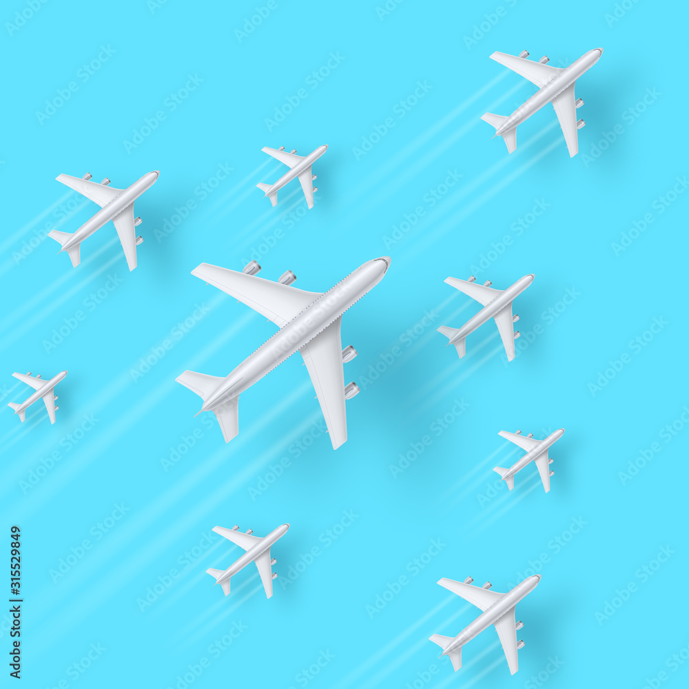 Planes are flying on blue background. Set of realistic 3d airplanes with trail and shadow. Vector illustration, eps10.