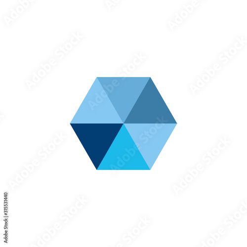 Blue technology hexagon made out of triangles. Geometrical logo design. Stock Vector illustration isolated on white background.