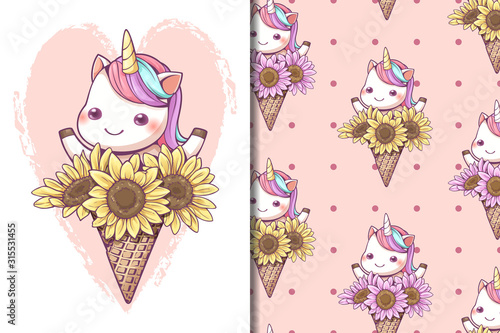 Seamless pattern and wallpaper template cute ice cream cone unicorn with sunflower set. Kawaii character cartoon design for screen wallpaper social media and gift wrapping pattern.